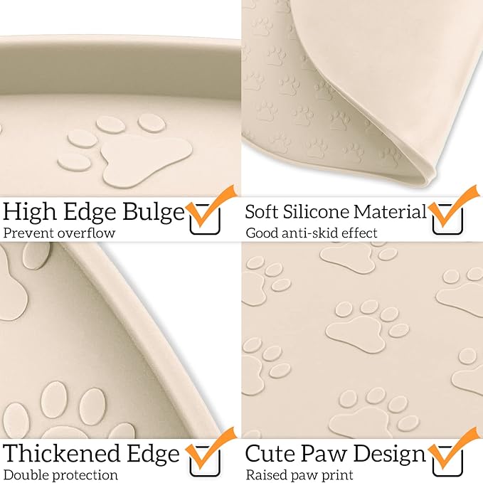 KPWACD Pet Feeding Mat for Dogs and Cats, Silicone Dog Placemat Non-Slip Waterproof Bowl Mats Prevent Food and Water Overflow, High-Lips Puppy Dish Tray Mat Suitable for Large Medium Small Pets, Beige