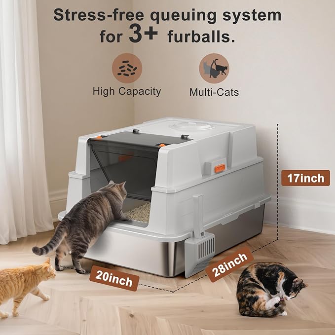 Extra Large Enclosed Stainless Steel Cat Litter Box with Lid - XXXL Giant Metal Enclosed High Sides Litter Boxs for Multi-Cat Households and Overweight Cats - Black