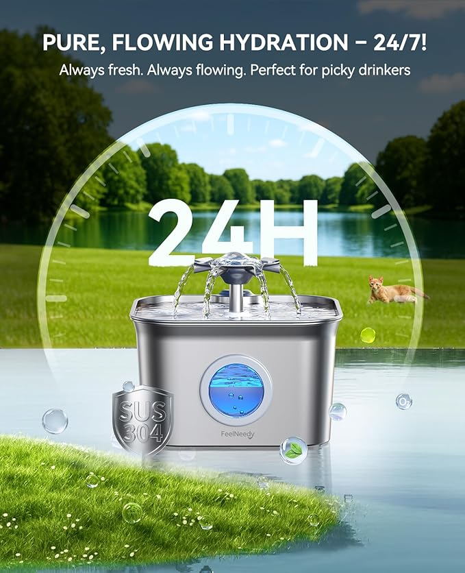 Stainless Steel Cat Water Fountain for Drinking, 99oz/2.8L Auto Pet Drinking Fountain for Cats Indoor with 20dB Ultra-Quiet Pump, 24/7 Circulation Filtration & LED Water Level Window& Dishwasher Safe