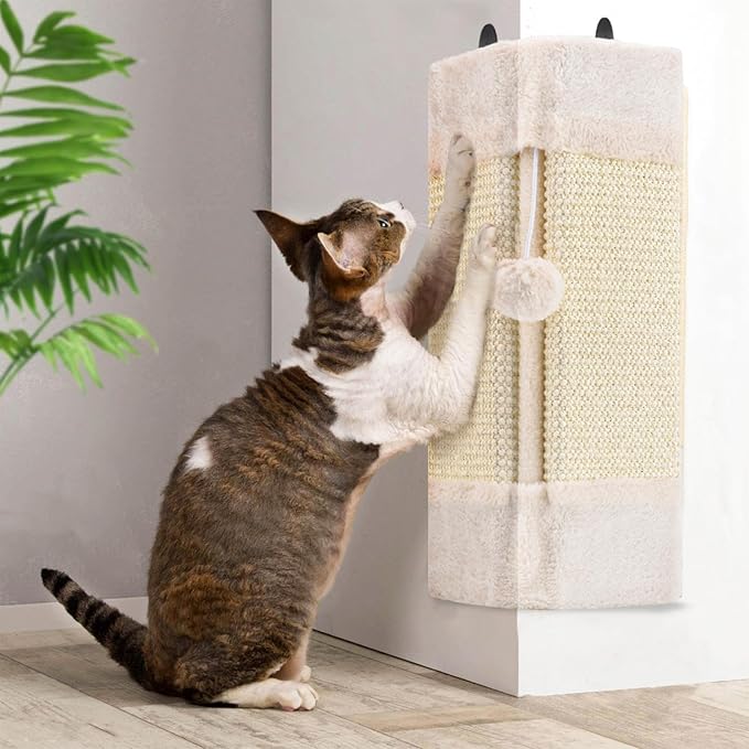 2-Pack Wall Corner Cat Scratcher for Indoor Cats - Wall Mounted Sisal Scratching Pad with Hanging Ball - Vertical Corner Wall Mount Scratch Panel, Protector for Wall Corner