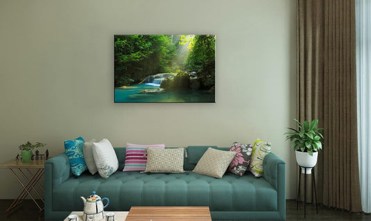 Silent Summer Forest Landscape Stretched Canvas Wall Art for Living Room Home, Bright Sun Shine on Stream Scenery Picture Print Artwork Decoration Painting Decor, Gallery Wrapped, Inner Frame (24x36)