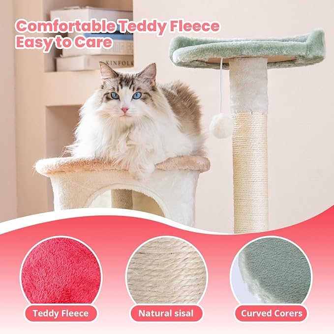 HYABi 42.7 inch Flower Cat Tree Tower Condo Furniture Apartment Plush Habitat Kitten Amusement Platform Multi-Level with Scratch Posts Toy Ball Pet House Play for Indoor Cats