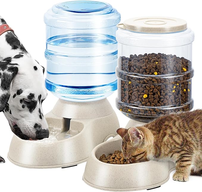 2 Pack Automatic Cat Feeder and Water Dispenser in Set Pet Food Bowl for Small Medium Dog Pets Puppy Kitten Big Capacity 1 Gallon x 2 (Cream)
