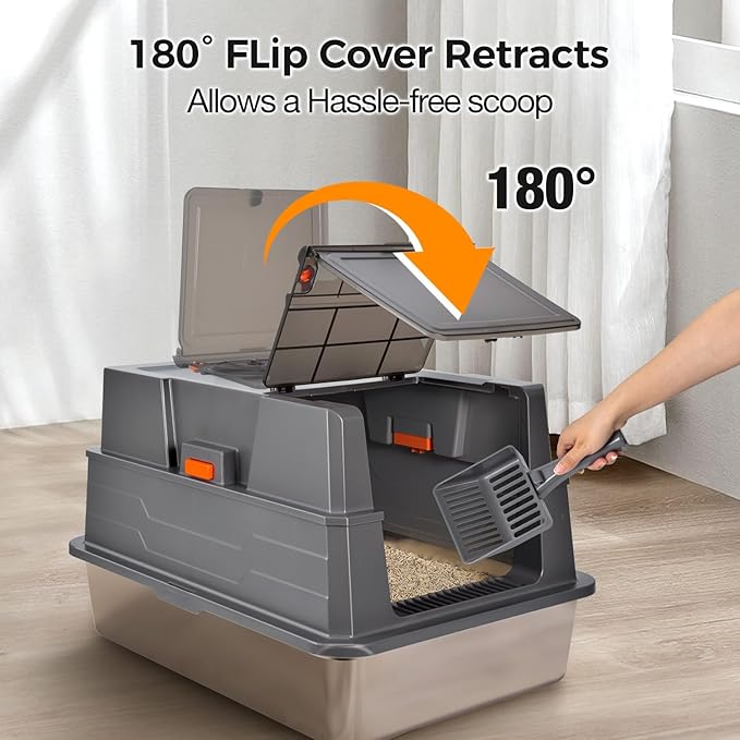 XXXL Stainless Steel Litter Box with Lid,28" L x 20.5" W x 16.5" H Extra Large Cat Litter Box Enclosure for Large and Multi-Cats Families,Non-Sticky, Anti-Leakage, Easy to Clean(Gray)