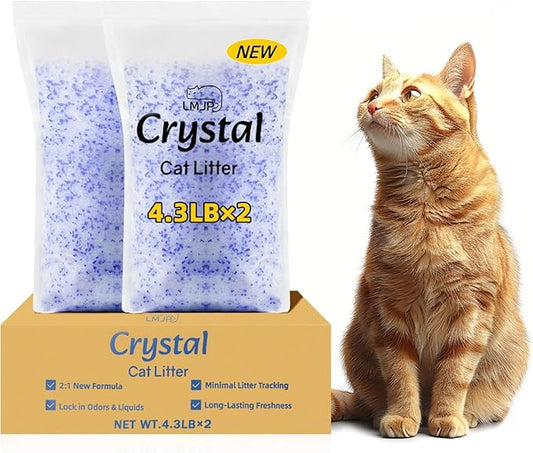 Crystal Cat Litter with Powerful Odor Control, Non-Clumping, Lasts Up to 2 Months, 8.6lb, Rapid Water Absorption, Unscented & Low Tracking Lightweight Blue & White Silica