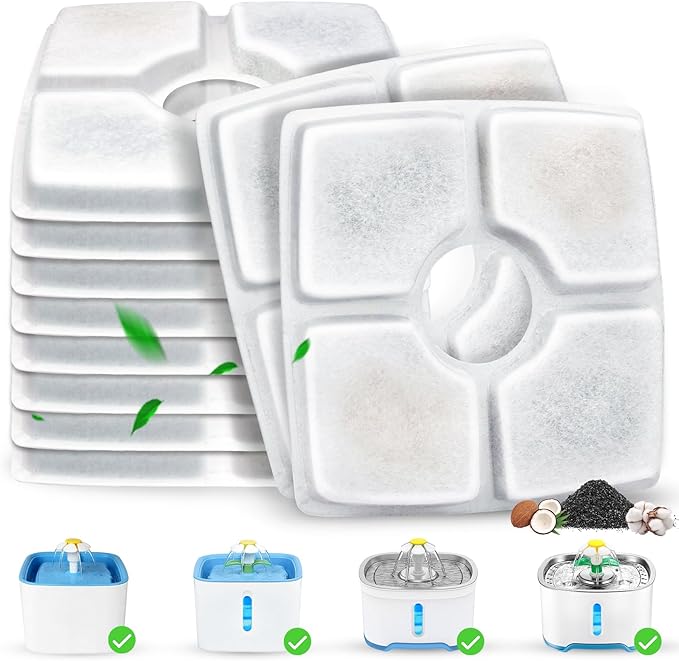 Cat Water Fountain Filter Replacement, 10 Pack Cat Fountain Filters Compatible with Top Square 84oz/2.5L Automatic Pet Fountain Dog Water Dispenser, 3 Filtration System Replacement Pet Filters