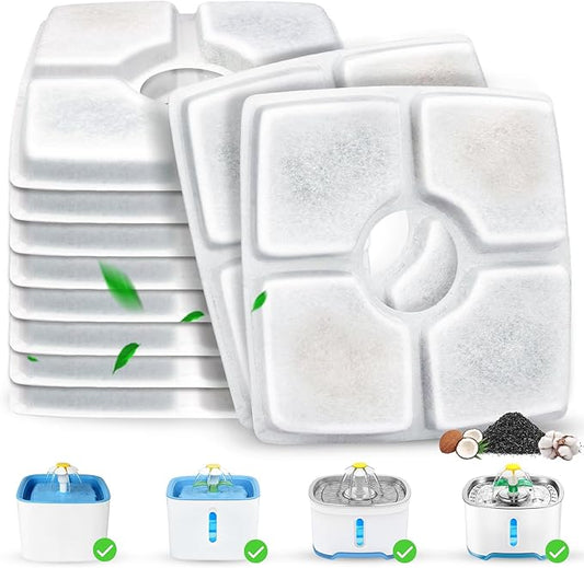 Cat Water Fountain Filter Replacement, 10 Pack Cat Fountain Filters Compatible with Top Square 84oz/2.5L Automatic Pet Fountain Dog Water Dispenser, 3 Filtration System Replacement Pet Filters