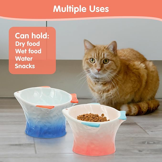 2 Pcs Raised Tilted Ceramic Cat Food Bowl, Cute Elevated Slanted Shallow Shallow Angled Fish Shape Cat Bowl, Non Slip Cats Feeding Bowls for Anti-Vomiting and Whisker Fatigue (Blue, Pink)