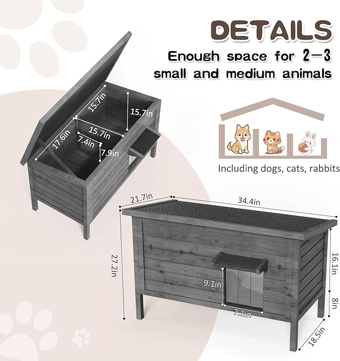 Cat House Outdoor Feral Cat Shelter Fully Insulated Outside Feral Cat Enclosure Wooden for Multiple Cats Possum Stray Condos Barn Cat Weatherproof Cathouse 34.4" L x 21.7" W x 27.2" H