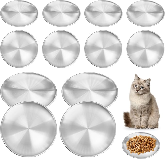 Fhiny 12 PCS Stainless Steel Cat Dish Set, 6.7" Wide Shallow Kitten Feeding Plate Replacement Basic Small Pet Bowl Metal Flat Dish for Stray Cats & Dogs