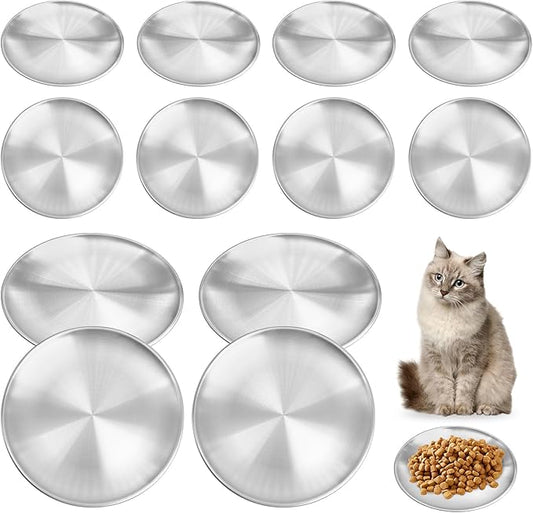 Fhiny 12 PCS Stainless Steel Cat Dish Set, 6.7" Wide Shallow Kitten Feeding Plate Replacement Basic Small Pet Bowl Metal Flat Dish for Stray Cats & Dogs