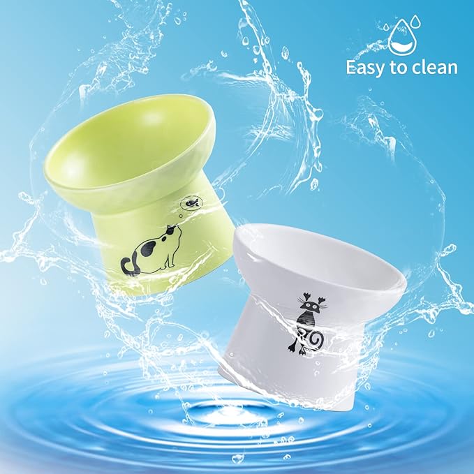 OMAYKEY Ceramic Raised Cat Bowls, Tilted Elevated Cat Food Water Bowl Set, Porcelain Stress Free Pet Feeder Dish for Cats and Small Dogs, Dishwasher and Microwave Safe - White & Fruit Green, Set of 2