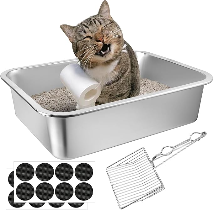Stainless Steel Cat Litter Box, 16 x 12 x 4 Large Litter Box, Non Stick Kitty Litter Pan with Metal Litter Scoop and Anti Slip Stickers for Kitten, Guinea Pig and Rabbit