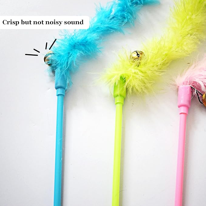 IUHKBH Cat Wand Toys, 3 PCS Interactive Feather Wands Colorful Cat Teaser Wand with Bell for Cats and Kitties