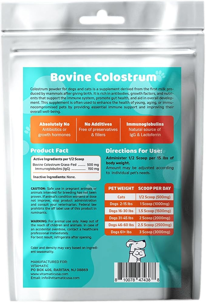 Vitamatic Bovine Colostrum for Dogs and Cats, 90 Grams, 30% Immunoglobulins, Grass Fed