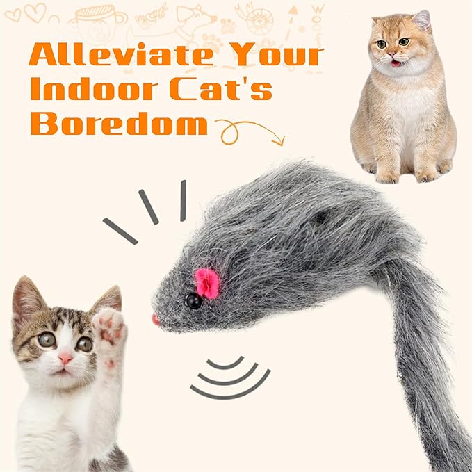 Cat Toys, 5 Pack Faux Fur Mouse Toys, Interactive Cat Toy 6.3” Realistic Size Grey Furry Rattle Mouse Without Catnip Kitten Cat Toy for Bored Indoor Adult Cat, Kitten Interactive Play