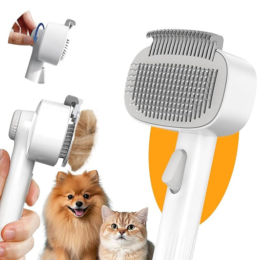 Self Cleaning Slicker Brush, 2-in-1 Cat Brush for Shedding, Skin Friendly Grooming Tool for Long & Medium-Long Hair Pets, Adjustable Bristle Length with Dematting Comb for Cats, Dogs