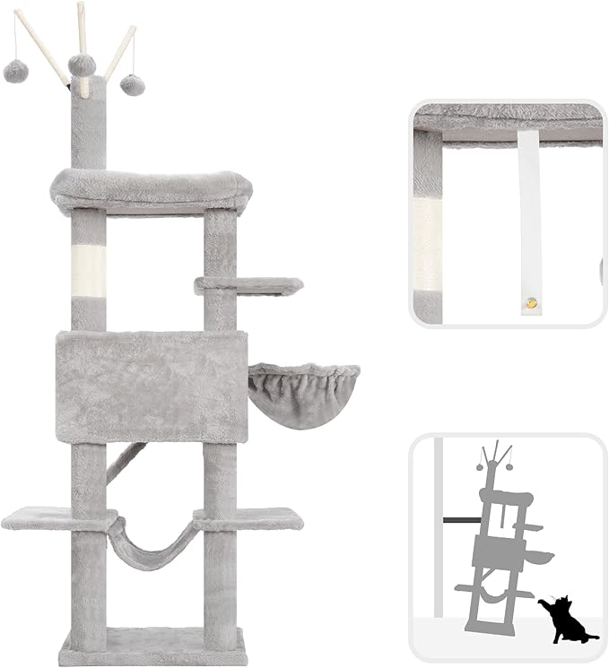 Cat Tree, Multi-Level Cat Tower for Indoor Cats, Cat Condo with Cat Scratching Post and Board, Cat Hammock, Light Gray GCT011W
