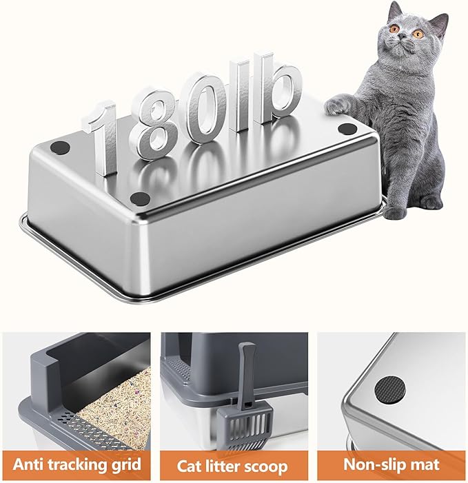 Stainless Steel Litter Box, XXXL 27.6" H x 19.7" W x 11.8" H Extra Large Metal High Sided Cat Litter Box with Scoop, Leak-Proof, Easy Clean for Big Cats/Multiple Cats (Dark Grey)