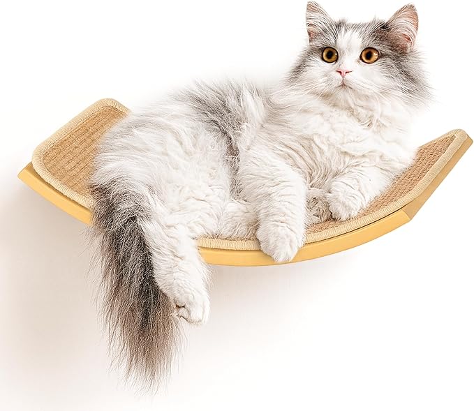 Curved Cat Wall Hammock with Scratchable Sisal Pad, Large Floating Cat Shelf for Wall, Wall Mounted Beige Bed for Playing, Climbing, and Sleeping