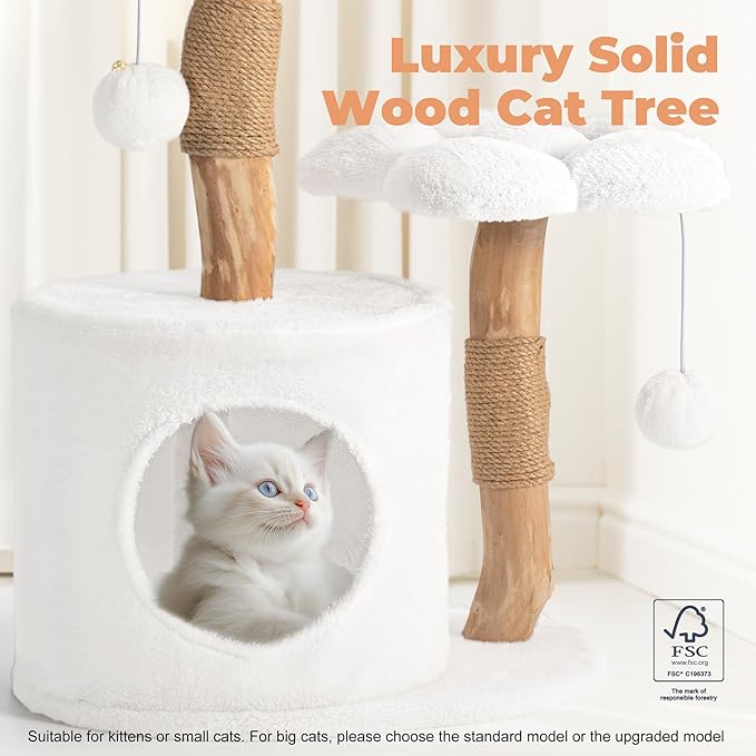 Modern Cat Tree, Wood Cat Tree Tower for Small Cats, Luxury Cat Condo with Scratching Posts and Flower Platforms, Cat Furniture by Easyego, (White)