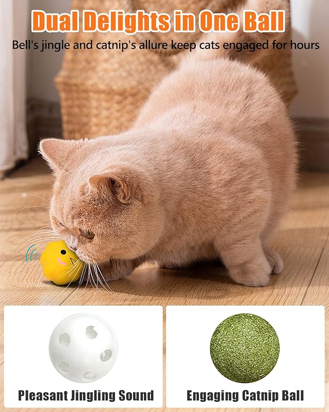 Cat Ball Toys with Bell and Catnip, 2” Bouncing Latex Rubber Pet Chew Toy Kitty Fetch Play Balls for Bored Indoor Adult Cats Kitten Puppy Small Dogs