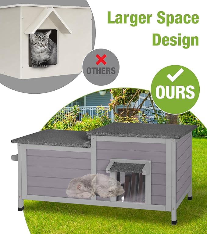 GUTINNEEN Outdoor Cat House Weatherproof, Large Cat Shelter with Openable Roofs, Feral Kitty Shelter with Elevated Base, PVC Curtain
