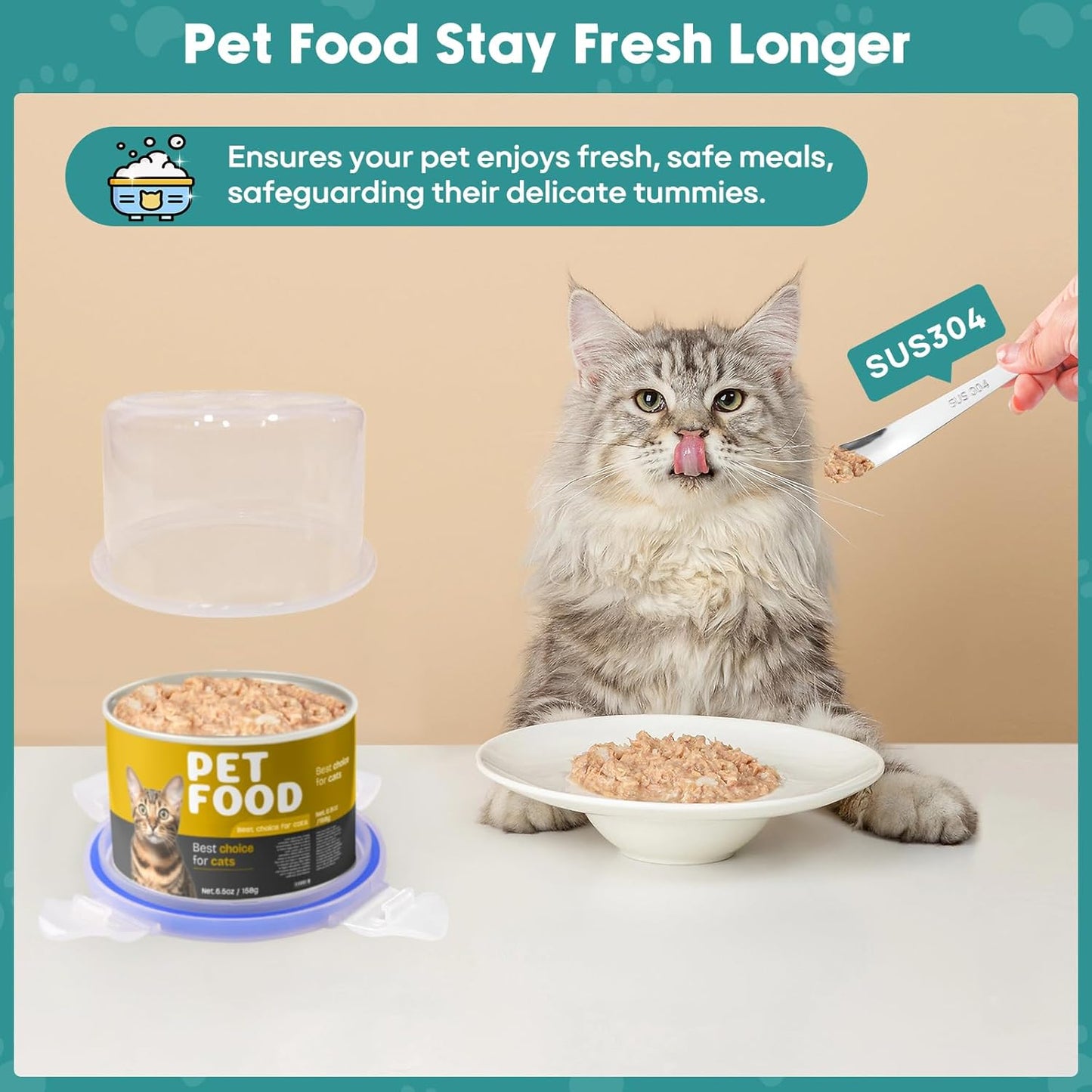 REFLYING Canned Cat Food Storage Lids,Reusable Airtight Can Cover Pet Food Sealer - Keeps Cat Food Storage Can Fresh, Cat Food Container Eliminates Odor, Easy To Use With SUS 304 Spoon,Can Opener