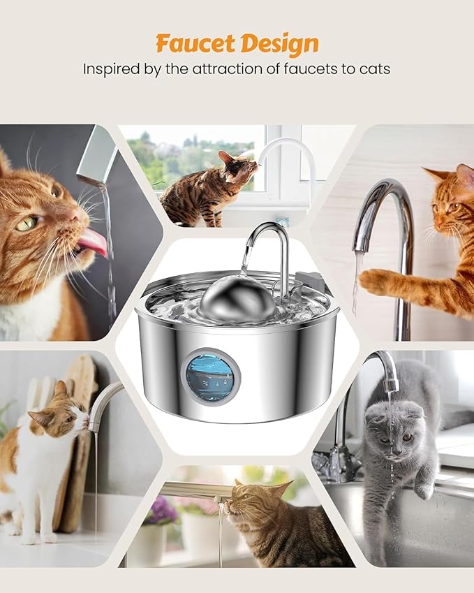 AONBOY Cat Water Fountain with 16 Filters, 108oz/3.2L Cat Fountain Stainless Steel, Includes 8 Carbon Filters and 8 Sponge Filters, Faucet Shape Dog Water Fountain, Double Noise Reduction Design