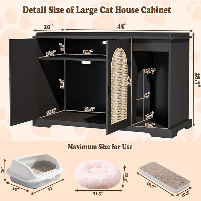 Large/Tall Cat Litter Box Enclosure, Hidden Litter Box with Convenient Entrance Large Shelf, Farmhouse Enclosed Litter Box Cabinet Rattan Cat House for Living Room Entryway (Black)