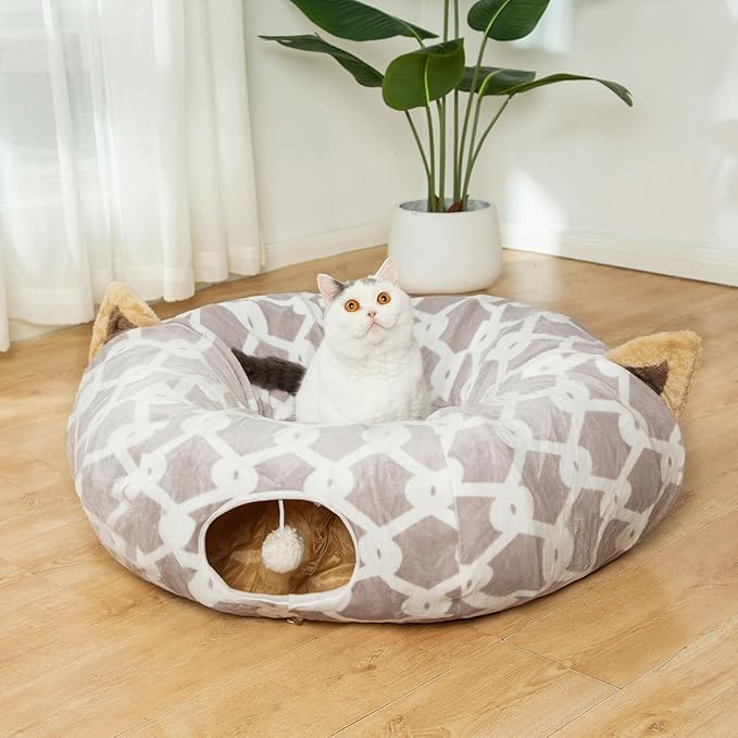 LUCKITTY Large Cat Tunnel Bed with Plush Cover,Fluffy Toy Balls, Small Cushion and Flexible Design- 10 inch Diameter, 3 ft Length- Great for Cats, and Small Dogs, Gray Geometric Figure