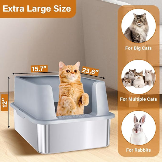 Stainless Steel Litter Box, XL Extra Large High Sided Metal Cat Litter Box with Lid and Scooper, Easy Clean, Non Stick & No Smell-24"x16"x12"