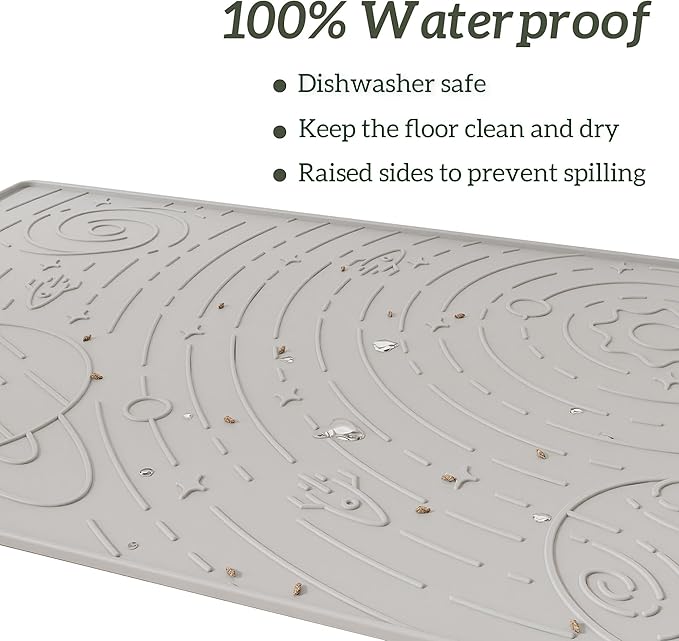 OHMO Dog Food Mat, Silicone Waterproof Cat Food Mat, Non-Skid Spill Proof Pet Feeding Mat for Food and Water, Easy to Clean Dog Placemat(Ash, 18.9" x 11.8")