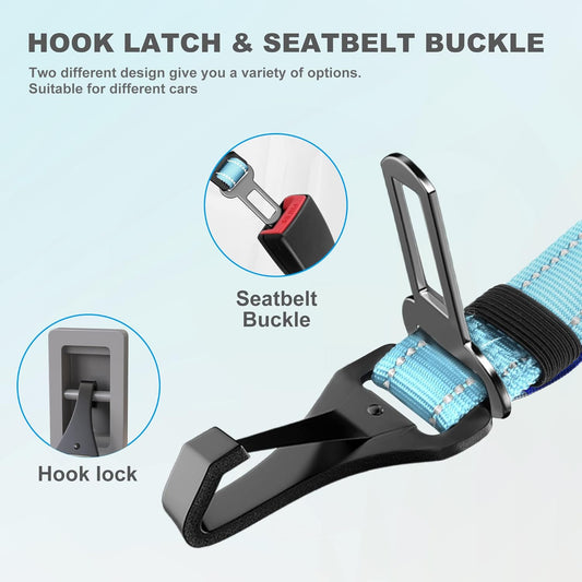 Dog Seat Belt 3-in-1 Car Harness for Dogs Adjustable Safety Seatbelt for Car Nylon Reflective Bungee Fabric Dog Car Harness with Clip Hook Latch & Buckle, Swivel Zinc Alloy Carabiner (Light Blue)