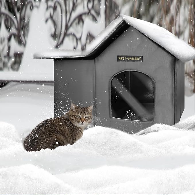 Rest-Eazzzy Cat House for Indoor and Outdoor in Summer,Feral Cat House Insulated with Mat,Clip and portable handle,Weatherproof and easy Installation,Bed for Kitten and Puppie,Never Blow Away(Grey, M)