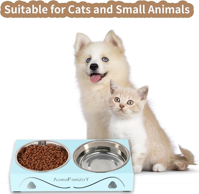 2 Pack Cat Food Bowls - Indoor Set with Metal Stand,5° Tilted Anti Vomiting Wide Raised Pet Dish, Cute Elevated Cat Feeding Station for Food Water, 4 Stainless Steel Bowls for Kitten, Puppy,Blue