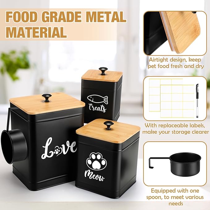 Metal Airtight Cat Food Containers Set of 3 with Bamboo Lids and Spoon 7+3+2 Lbs Cat Treat Storage Container Countertop with DIY Labels Pet Cookie Organizer Jars for Kitchen Counter(Black)