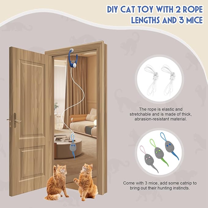 Cat Toy Interactive for Indoor Cats, Smart USB Rechargeable Door Hanging Automatic Retractable Kitten Toys, Teaser Electronic Self Play Feather Cat String Toys Attached with 3 Catnip Mice Blue
