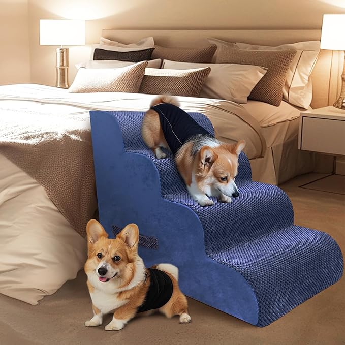 PAWSCART Dog Stairs for Small Dogs and Cats, 4-Step Dog Steps for Bed, 19.6" H Pet Stairs for High Bed, Pet Ramp for Couch, Sofa, Non-Slip Surface Removable Washable Cover, Blue