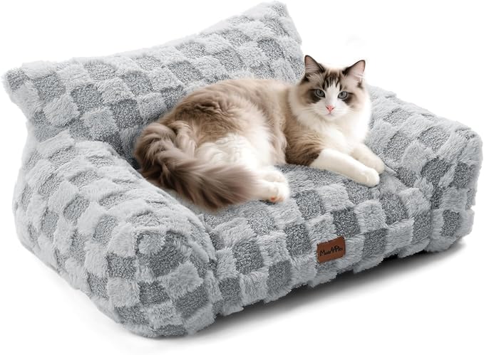 MADE 4 PETS Cat Couch Bed, Soft Faux Fur Checkered Pet Sofa, Calming Fluffy Cat Sofa with Supportive Foam, Removable Washable Cover with Non-Slip Base, Gray, Small