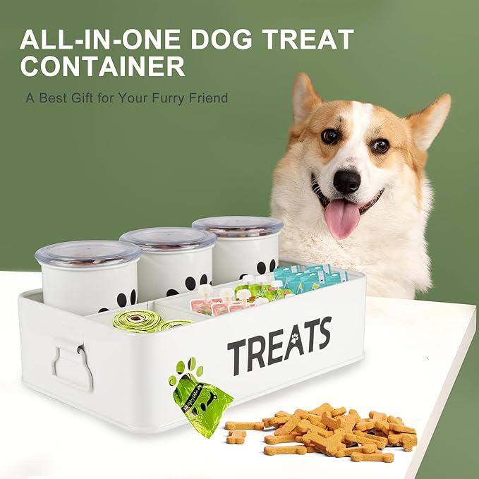 28oz Metal Dog Treat Container Set of 3,Dog Treat Jars with Airtight Lids,Cat Treat Jar,Dog Treat Canister for Countertop,Coated Galvanized Steel Dog Treats Station-White