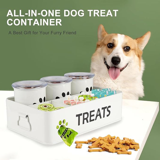 28oz Metal Dog Treat Container Set of 3,Dog Treat Jars with Airtight Lids,Cat Treat Jar,Dog Treat Canister for Countertop,Coated Galvanized Steel Dog Treats Station-White