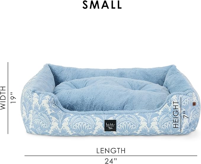 Nicole Miller New York PET Mod Damask Plushy Bolster Pet Bed, Cozy & Calming, Non-Slip Bottom, Machine Washable Cover, Blue, Small 24"x19"x7"