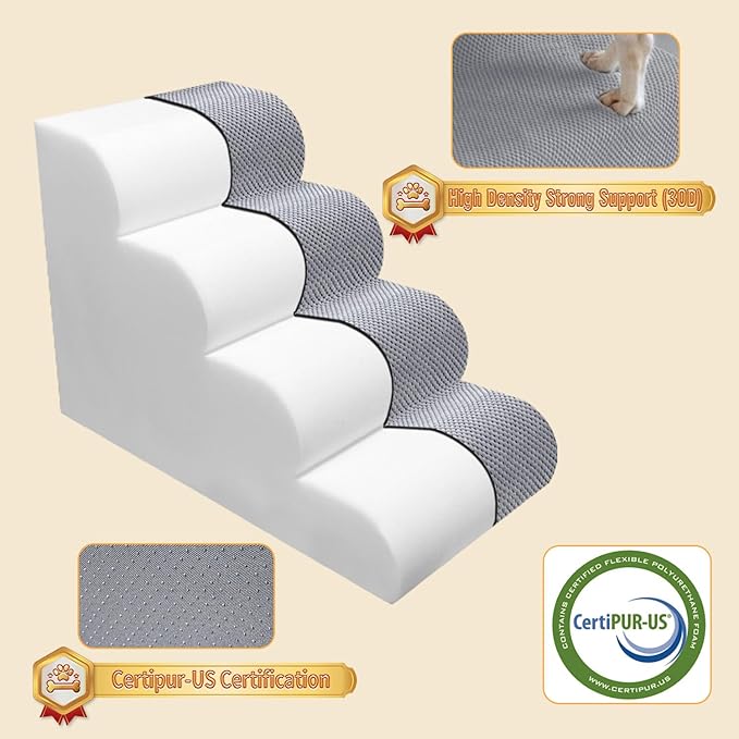 PAWSCART Dog Stairs for Small Dogs and Cats, 4-Step Dog Steps for Bed, 19.6" H Pet Stairs for High Bed, Pet Ramp for Couch, Sofa, Non-Slip Surface Removable Washable Cover, LightGrey