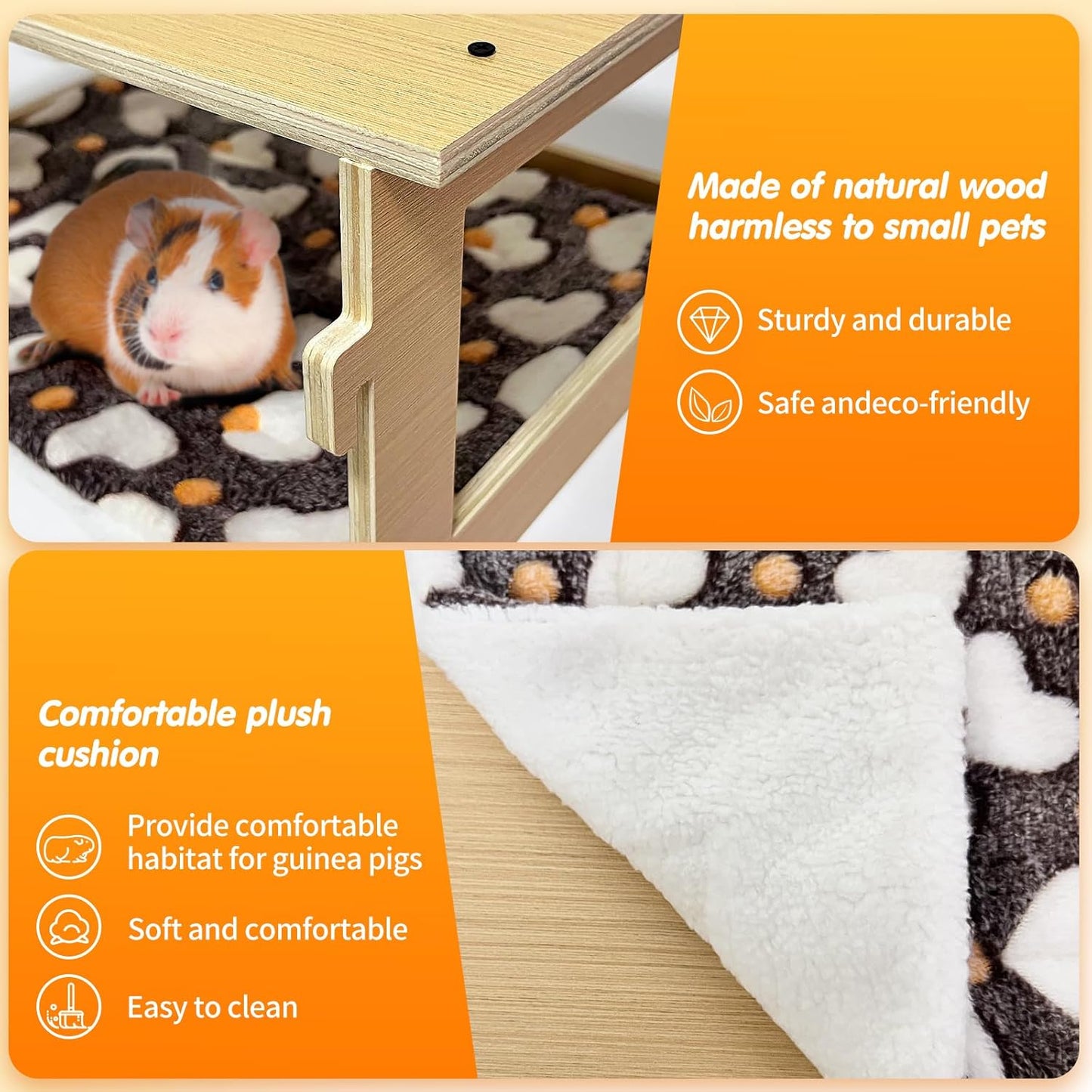 Guinea Pig Hideout，Natural Wood Removable Guinea Pig Bed, Small Animal Habitat with Hanging Hammock/Staircase/Cushion, Suitable for Small Animals to Hide, Rest, Play