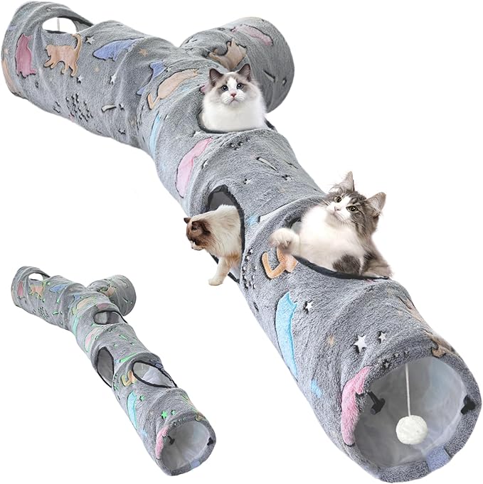 Cat Tunnel for Indoor Cats,Tree Trunk Cat Tunnels with Plush Ball Toys Collapsible,Stars, Moon Shape Self-Luminous, for Indoor Cats,Pets Bunny Rabbits, Kittens, Ferrets