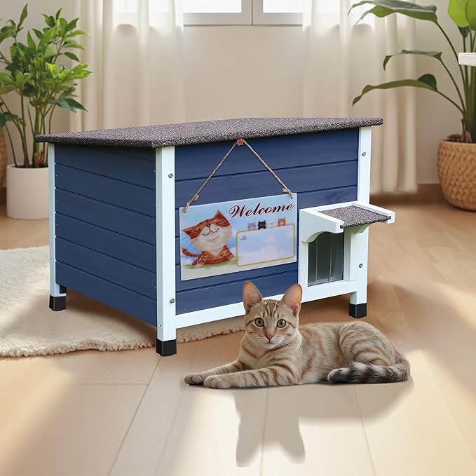 Rockever Outdoor Cat House, 100% Insulated Cat House for Outdoor Cats Weatherproof Feral cat House for All-Round Foam Layers Filling (Blue, L)