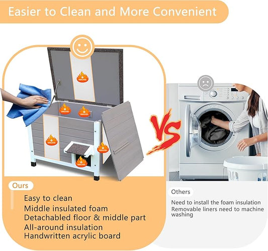 Rockever Outdoor Cat House, 100% Insulated Cat House for Outdoor Cats Weatherproof Feral cat House for All-Round Foam Layers Filling (Grey, L)