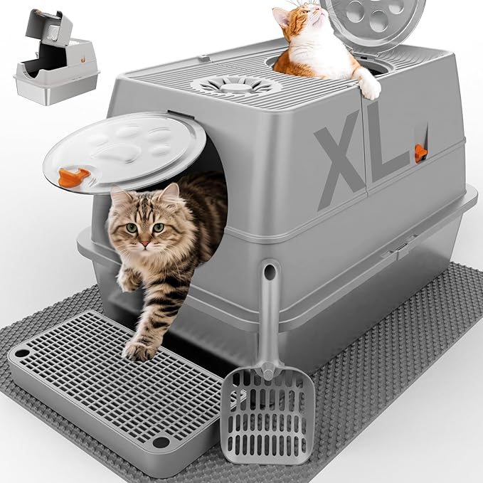 Stainless Steel Cat Litter Box with Lid, XL Extra Large Kitty Litter Box, Enclosed Top Entry Metal Litterbox for Big Cats, Easy Cleaning, Anti-Leakage & High Sided with Mat, Aisle & Scoop Light Grey