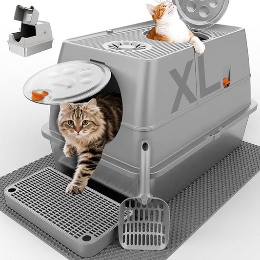 Stainless Steel Cat Litter Box with Lid, XL Extra Large Kitty Litter Box, Enclosed Top Entry Metal Litterbox for Big Cats, Easy Cleaning, Anti-Leakage & High Sided with Mat, Aisle & Scoop Light Grey